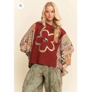 Boho Patchwork Knit Top w/ Flower